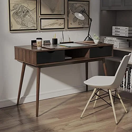 KHBIULIFE Mid Century Desk with  Drawers & Solid Wood Legs  Home Office Writing Study Desk with  Compartment  Laptop PC Workstation for Study Room  Vanity Table for Bedroom