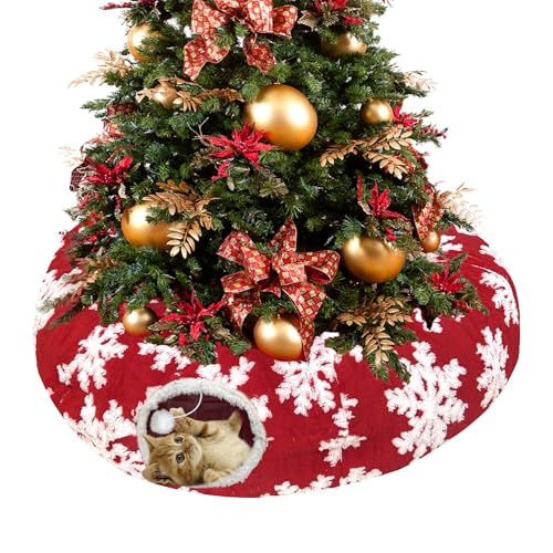 LUCKITTY Christmas Snowflake Print Cat Tunnel Under Tree, Velvet-Touch Jacquard Fabric with Hanging Plush Ball, 10-Inch Diameter 3-Ft Wide Round Pet Tube - Plush & Festive Cat Diversion Red