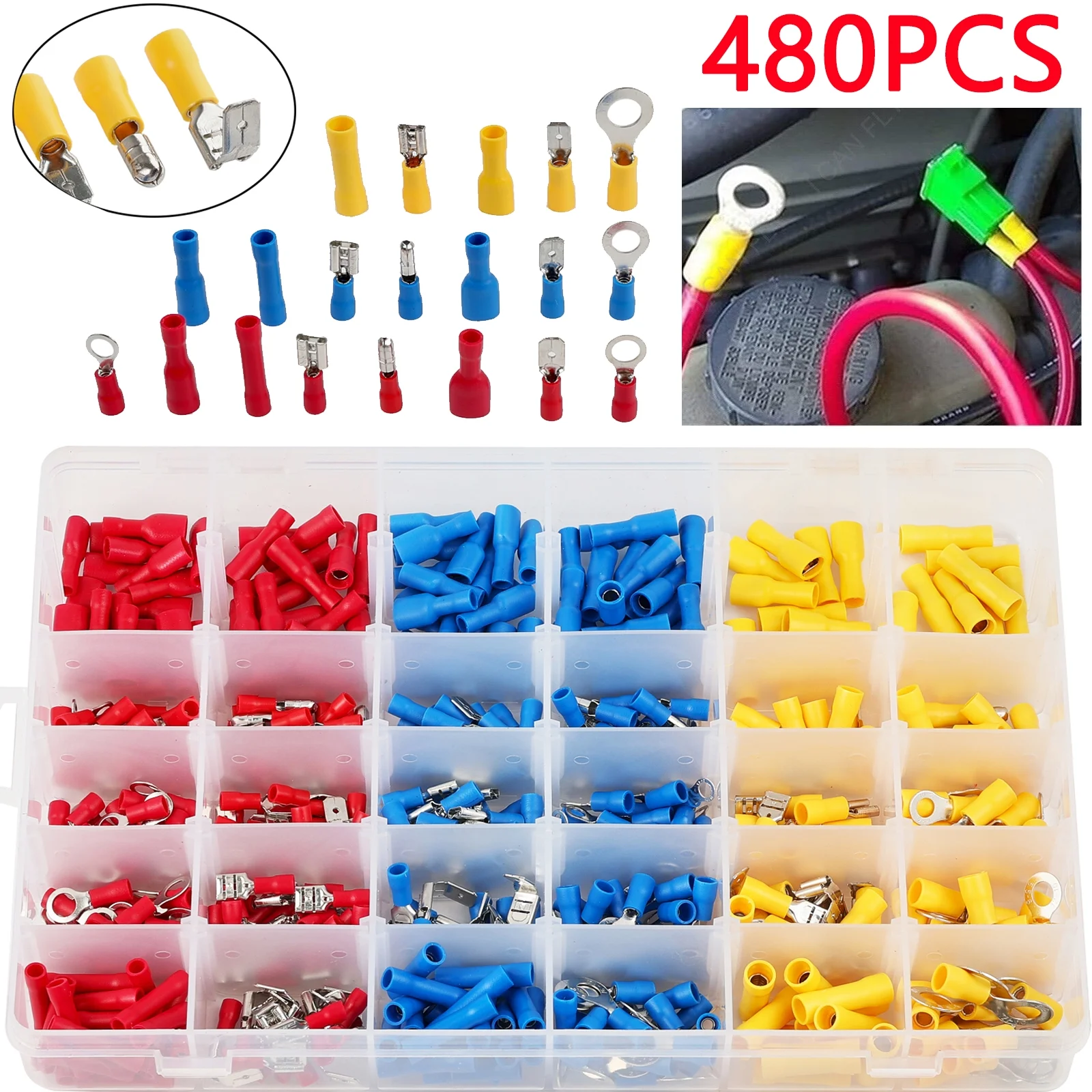 480Pcs Car Wire Assorted Insulated Electrical Terminals Connectors Crimp Box Kit