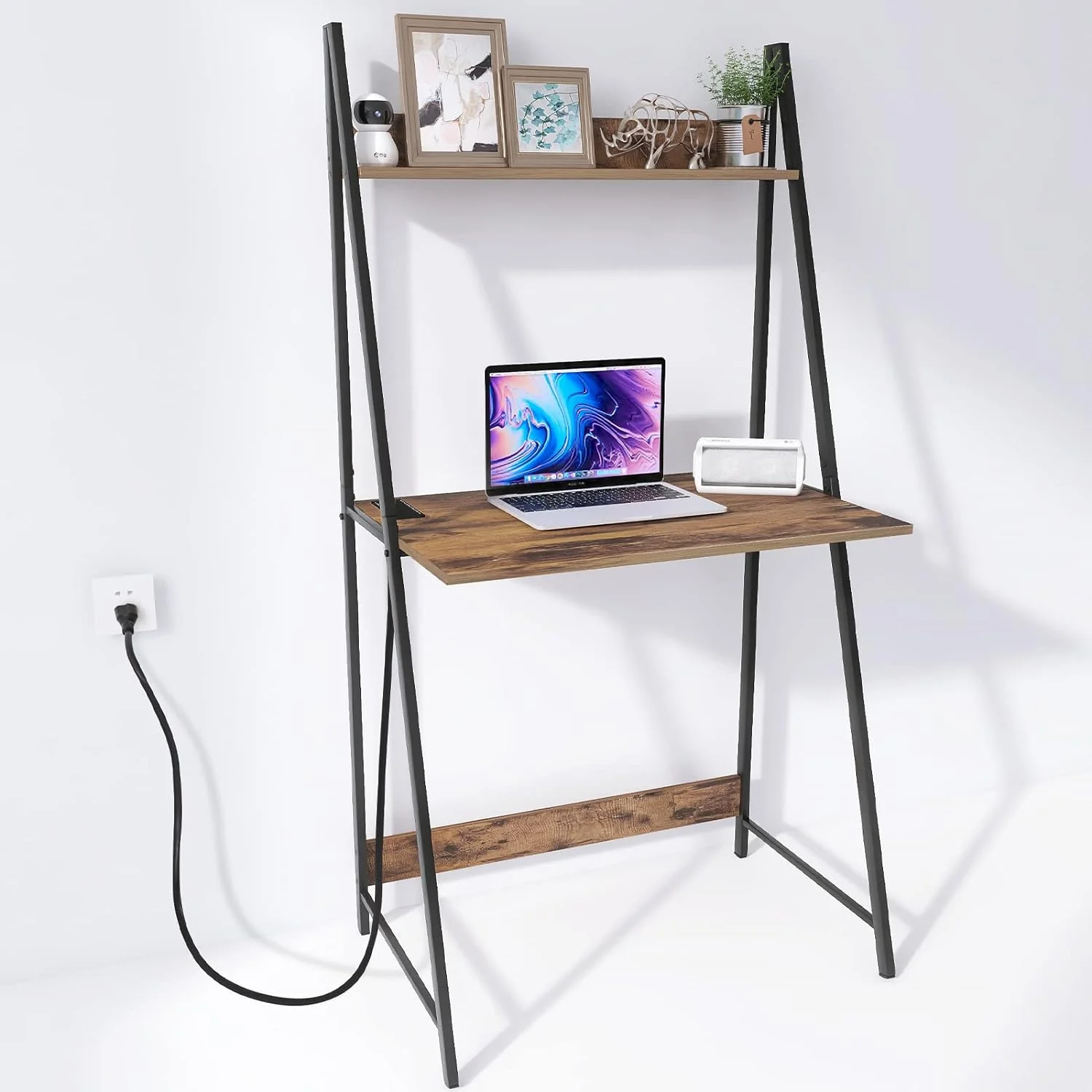 YGDU Computer Desk, 2-Tier Ladder Home Office Desk with Storage Sturdy Bookshelf Modern Simple Style Writing Table (Rustic Brown)