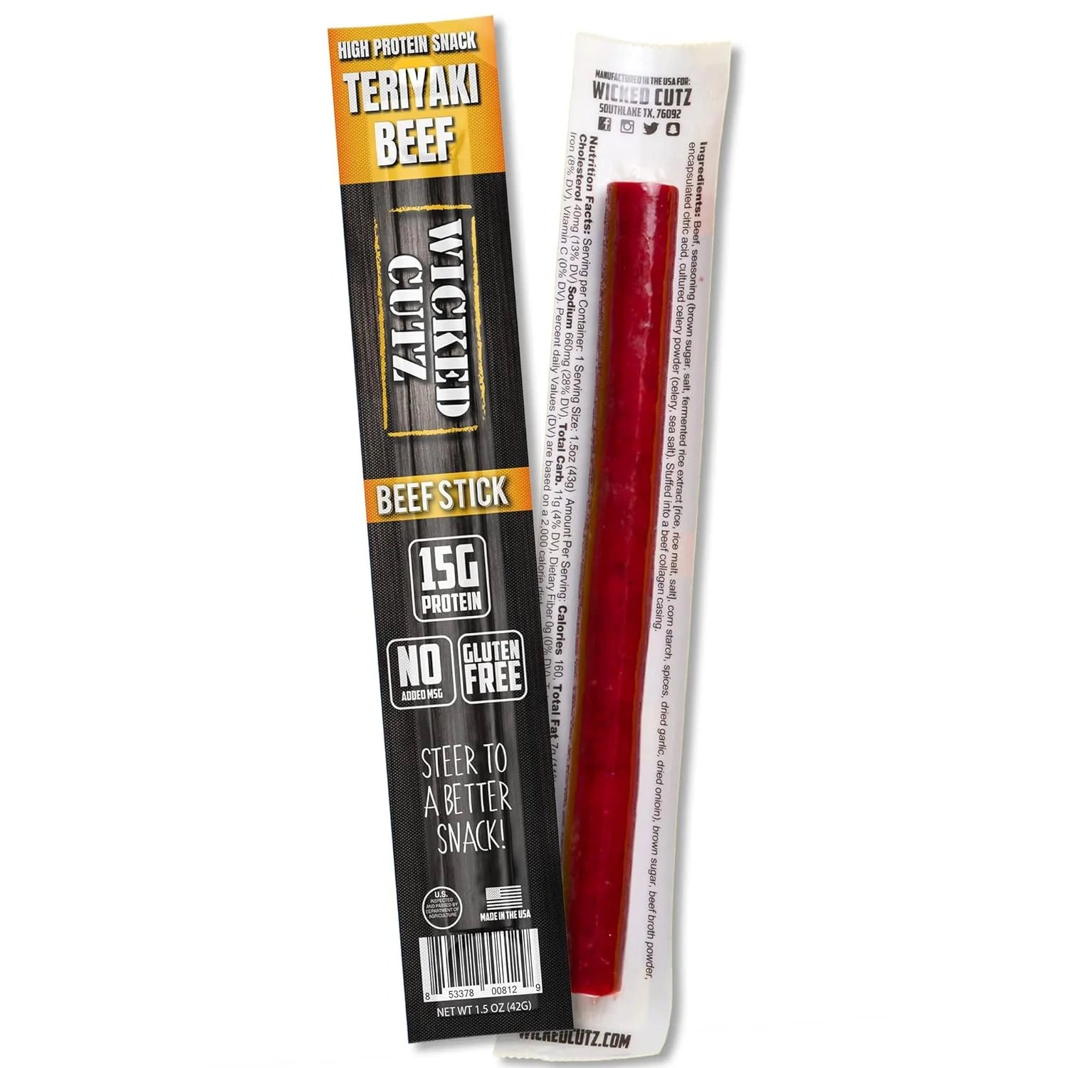 Wicked Cutz Premium Beef Jerky Sticks, High Quality, Protein-Rich, Teriyaki, 1.5 oz, 12-Pack