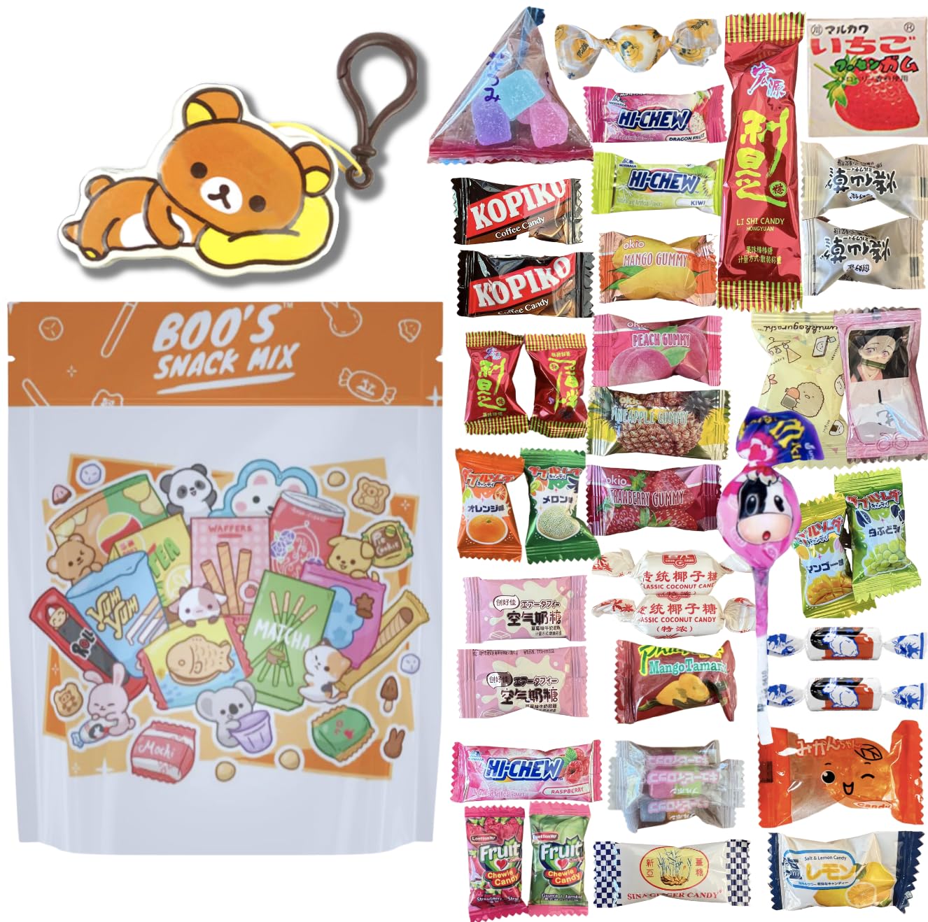 Boo's Snack Mix, 40pc, Asian Mystery Candy Mix with Kawaii Character Tin, bag, and sticker. Japanese, Korean, Chinese, Filipino Candies.