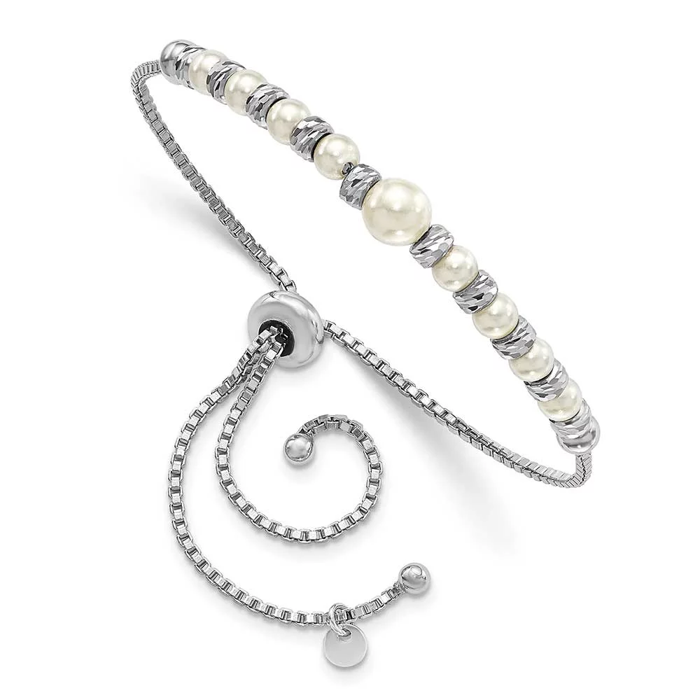 Sterling Silver Rhodium-plated D/C Beads with Swarovski Pearl Adjustable Bracelet