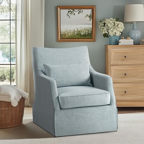 Martha Stewart London Swivel Chair - Solid Wood & Plywood, Skirted Metal Base Accent Armchair, Lumbar Pillow -Modern Classic Family Room Sofa Furniture Bedroom Lounge, 28