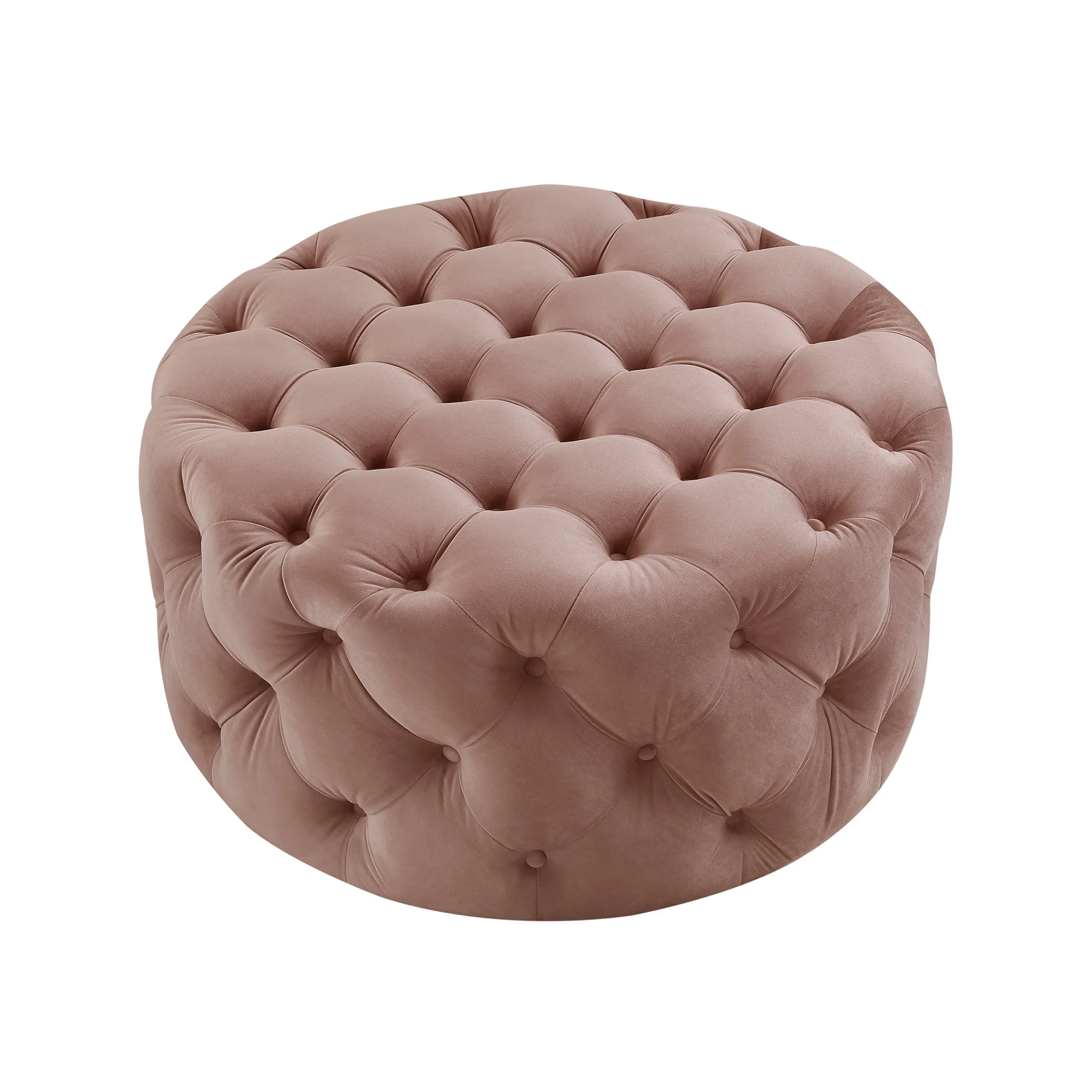 HomeRoots 490621 17 x 33 x 33 in. Blush Velvet & Black Rolling Tufted Round Cocktail Ottoman