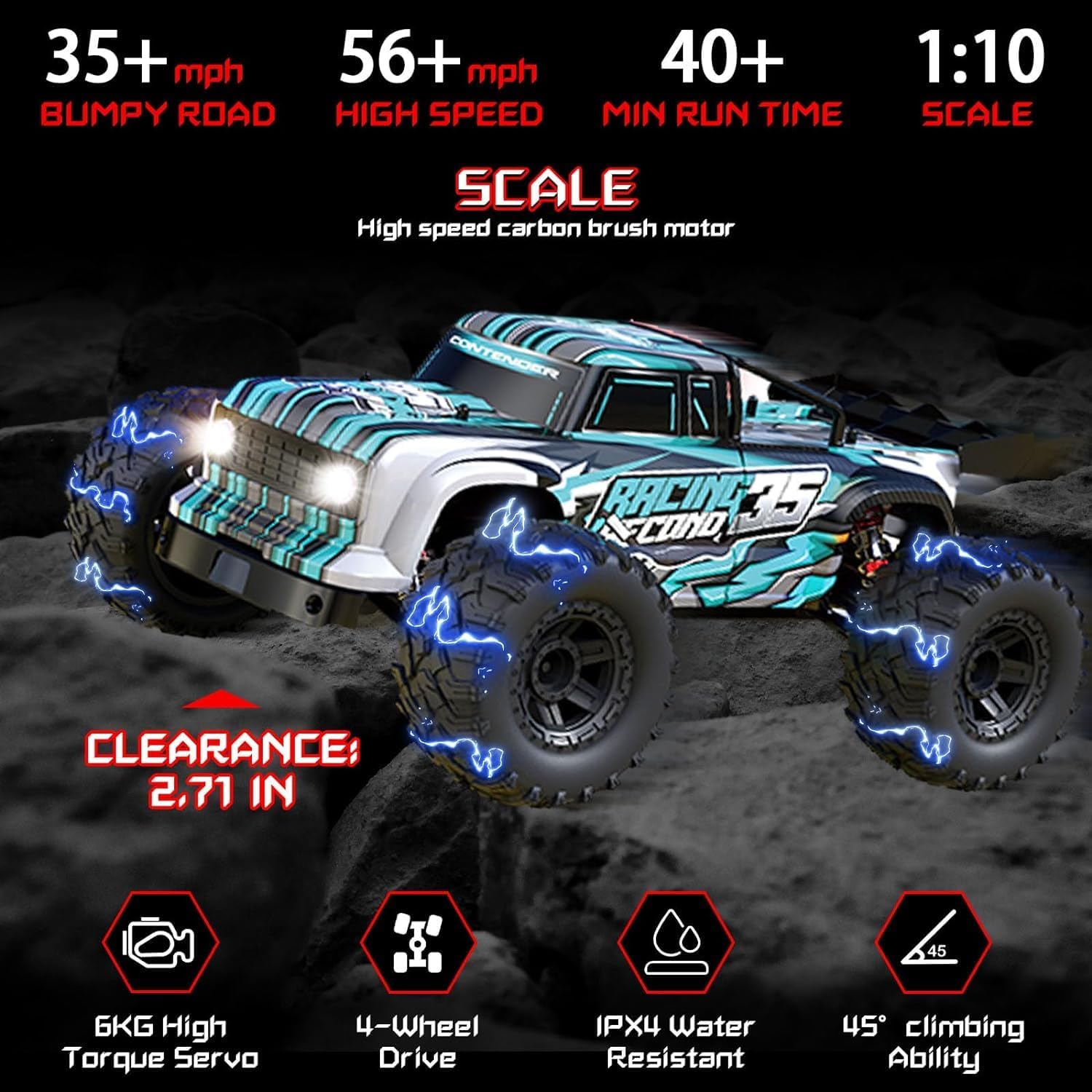Remote Control Car for Adults, Hobby rc Cars, 4x4 high Speed rc Cars, 1:10 Large High Speed 35MPH, All Terrain rc Trucks, 4WD Off Road Fast rc car,40+min. with Headlights 2 Batteries Green