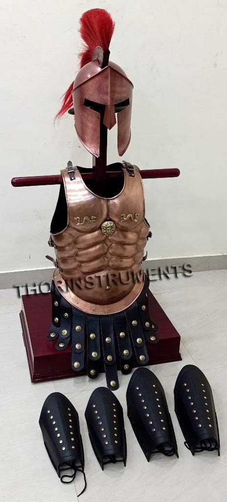 THOR INSTRUMENTS King Leonidas Spartan 300 Movie Helmet W/Red Plume +Muscle Jacket+ Leather Leg Arm Guards Medieval Armor Shield Black Rustic Vintage Home Decor Gifts