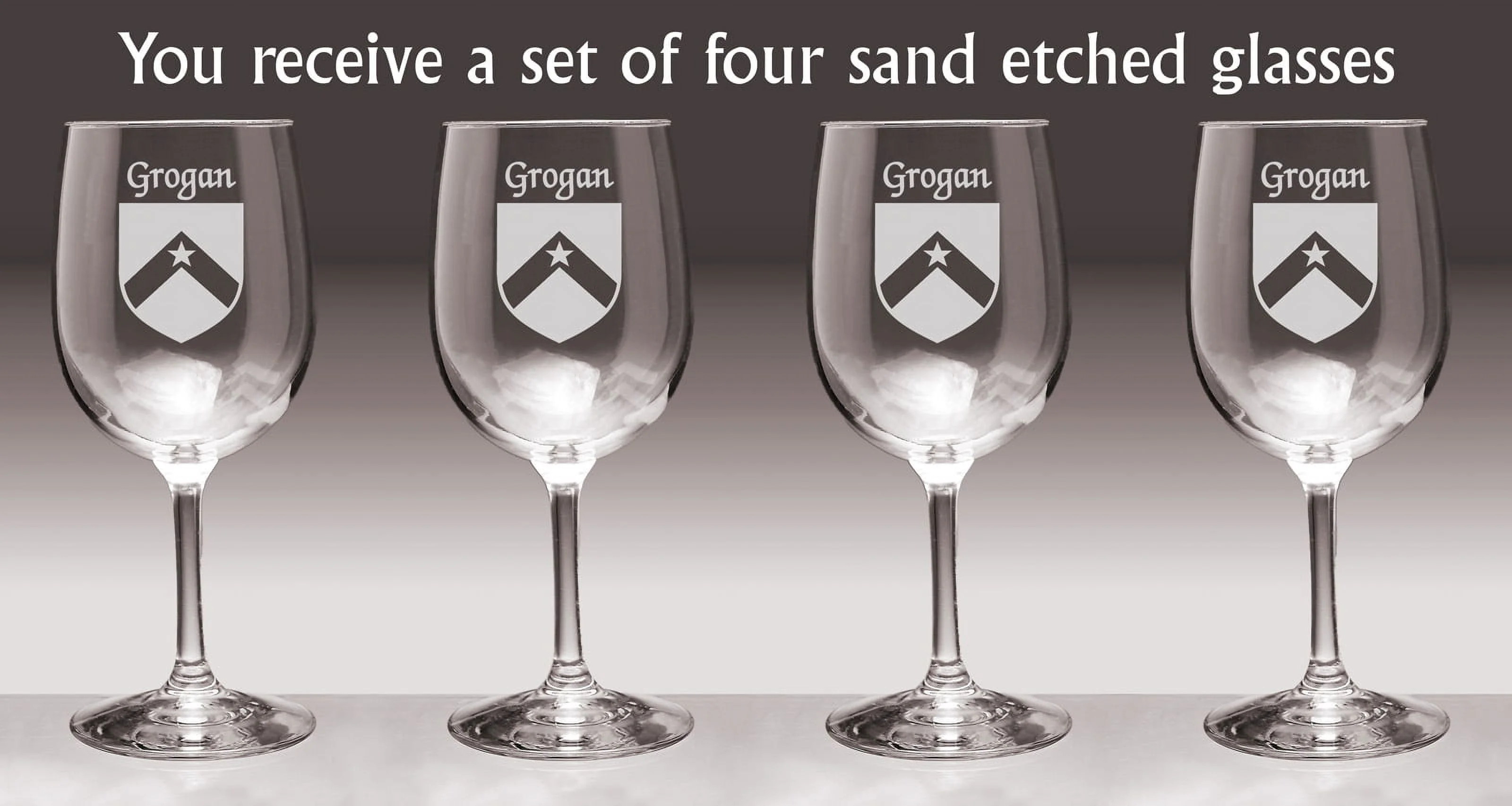 Grogan Irish Coat of Arms Wine Glasses - Set of 4 (Sand Etched)