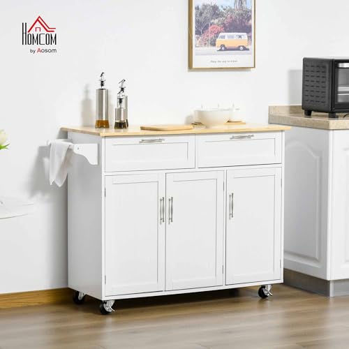 HOMCOM Mobile Kitchen Island with Storage, Kitchen Cart with Wood Top, Storage Drawers, 3-Door Cabinets, Adjustable Shelves and Towel Rack, White