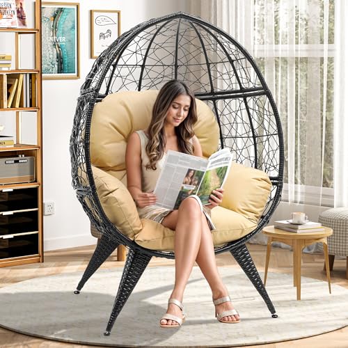 YITAHOME Egg Chair Wicker Indoor Outdoor Oversized Large Lounger with Stand Cushion Leveling Feet Egg Basket Chair 330lbs Capacity for Patio, Bedroom, Living Room, Garden, Backyard, Balcony-Grey