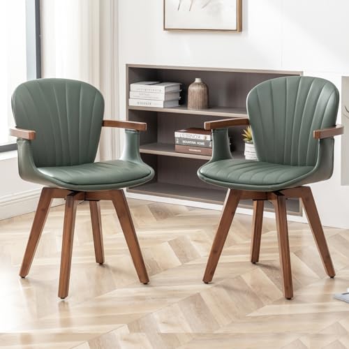 LUNLING Swivel Dining Chairs Set of 2, Mid Century Modern Gray Fabric+Faux Leather Kitchen Chairs with Arms,Bamboo Legs Side Chairs No Wheels,Accent Chair for Dining Rooms and Offices(Gray Fabric)