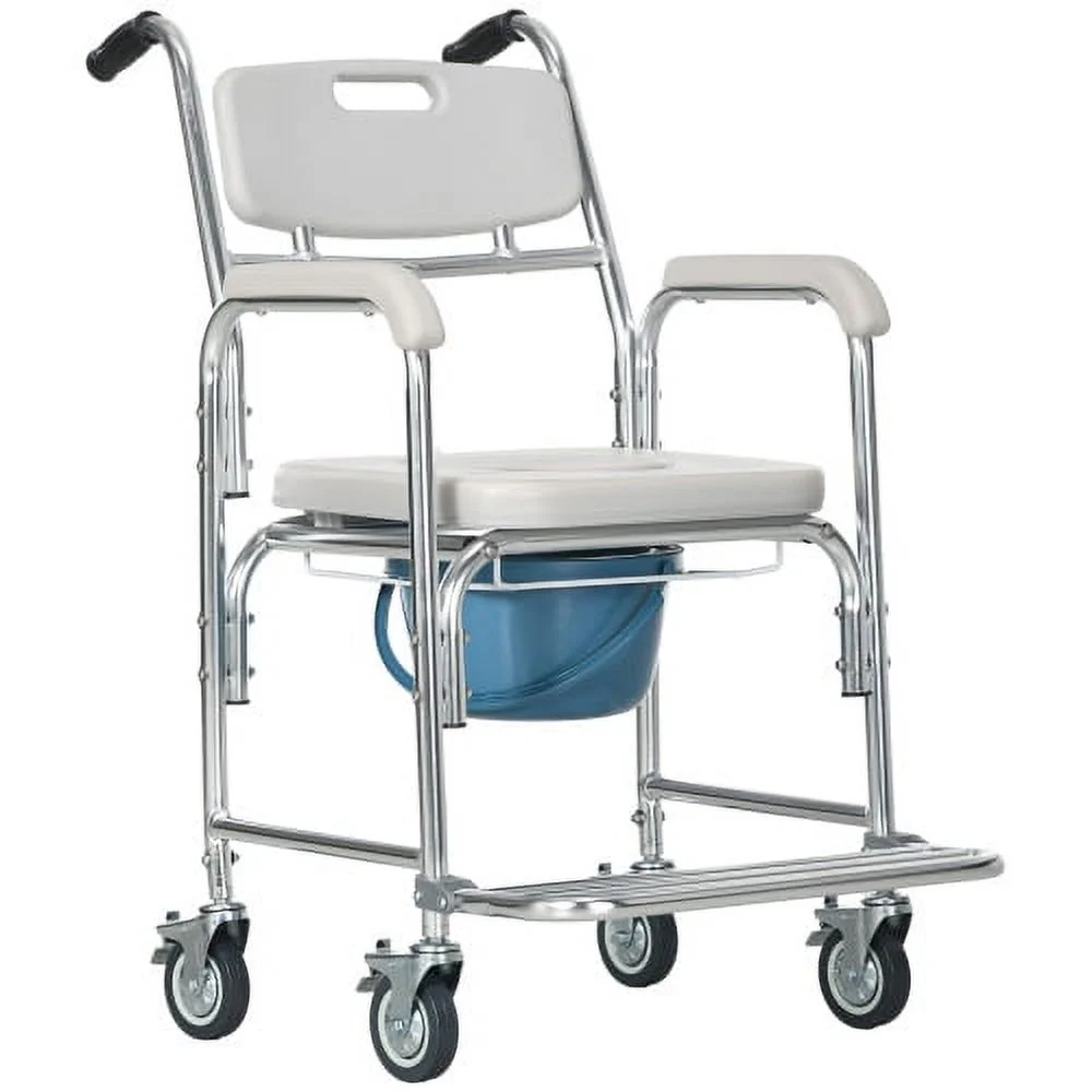 HOMCOM 3-in-1 Shower Commode Wheelchair, Transport Beside Commode Chair, Waterproof Rolling Over Toilet Chair 330 lbs. Weight Capacity with Padded Seat, Gray