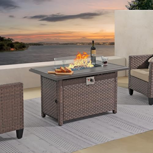 SUNSITT Outdoor Fire Pit Table 43 Inch Wicker Propane Fire Pit with Aluminum Tabletop 50,000 BTU Gas Firepit with Fire Glass, Lid, Cover, Taupe Rattan