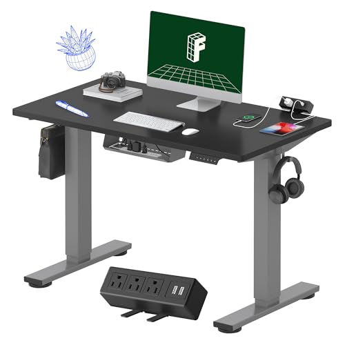 FLEXISPOT EN2 Whole-Piece Standing Desk with Clamp Power Strip, 55 x 28” Electric Stand Up Height Adjustable Desk with Cable Management (Black Frame + 55
