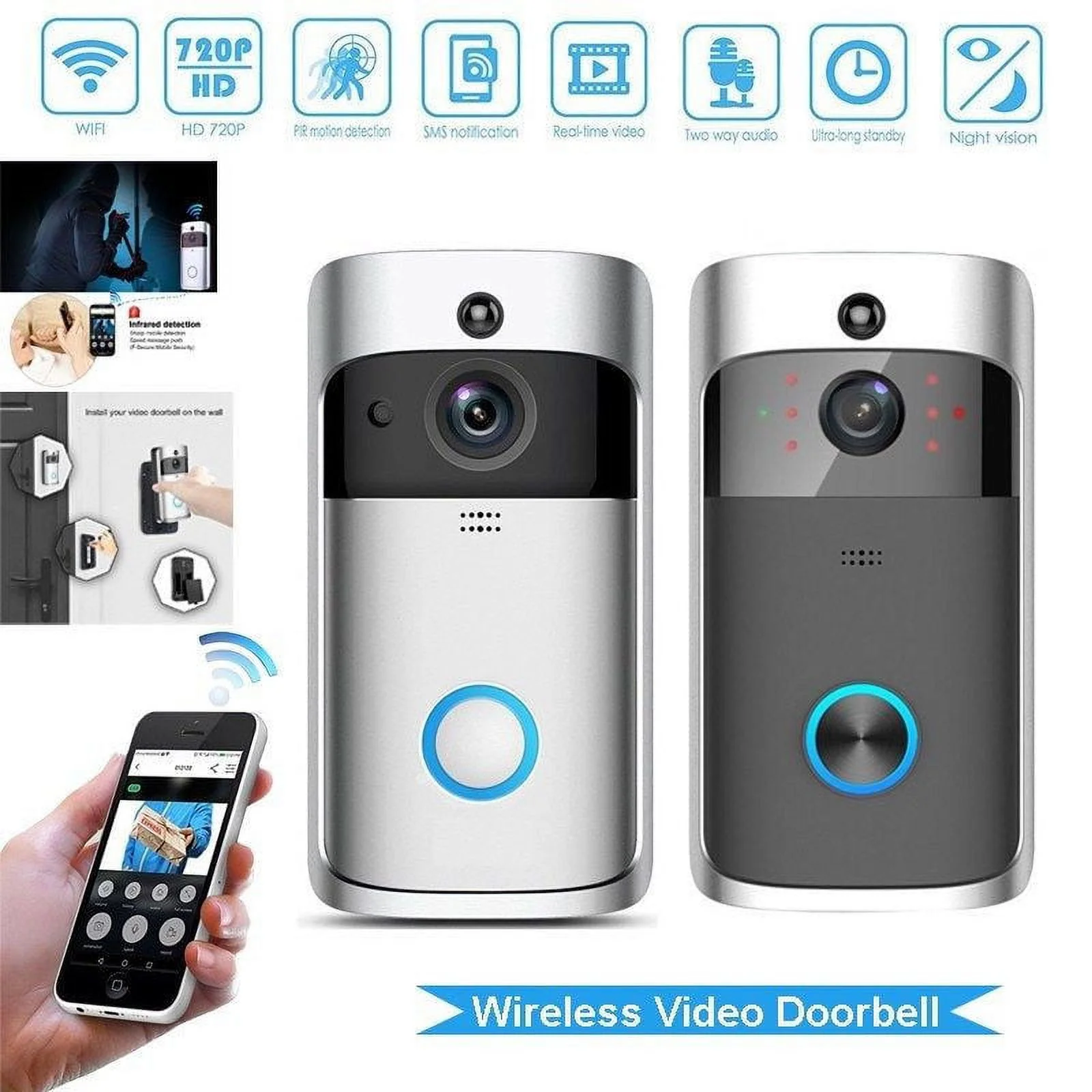Smart Wireless WiFi Doorbell IR Video Camera Intercom Record Home Security Bell(Black)