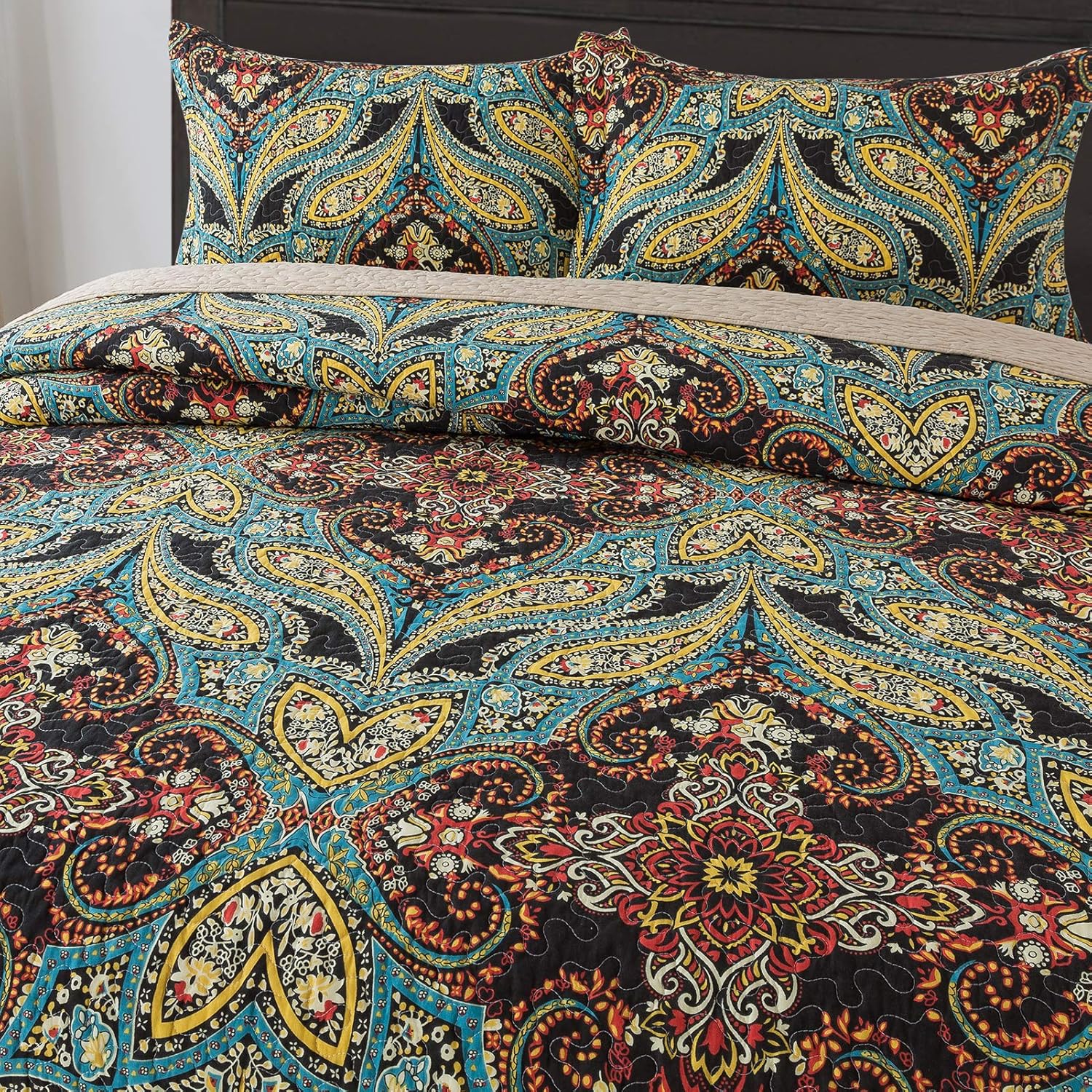 NEWLAKE Cotton Bedspread Quilt Sets-Reversible Patchwork Coverlet Set, European Rouge Floral Pattern, Bundle