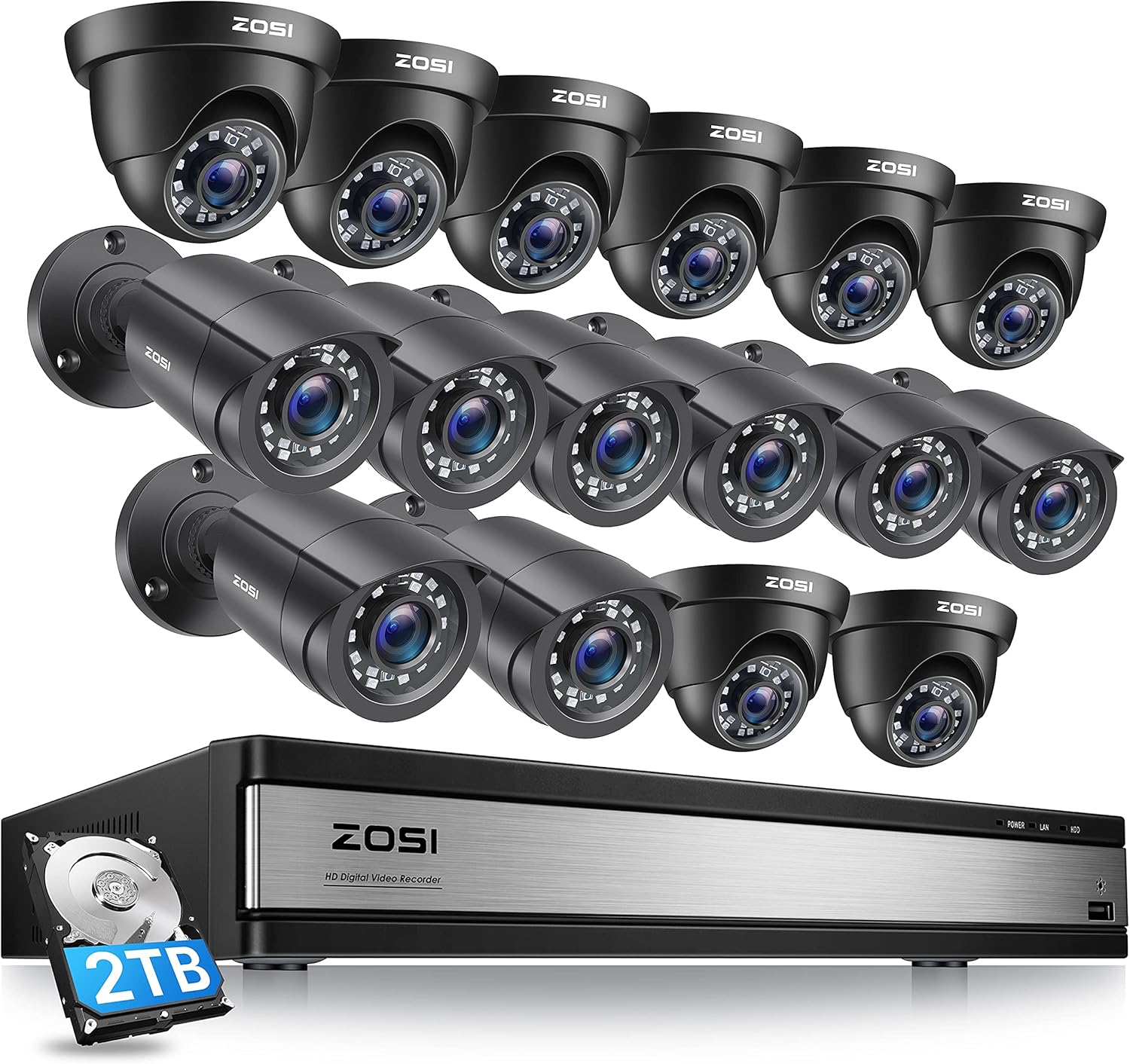 ZOSI 1080p 16 Channel Security Camera System, H.265+ 16 Channel DVR with Hard Drive 2TB and 12 x 2MP Weatherproof Surveillance CCTV Bullet Dome Camera Outdoor Indoor, 80ft Night Vision, 90° View Angle