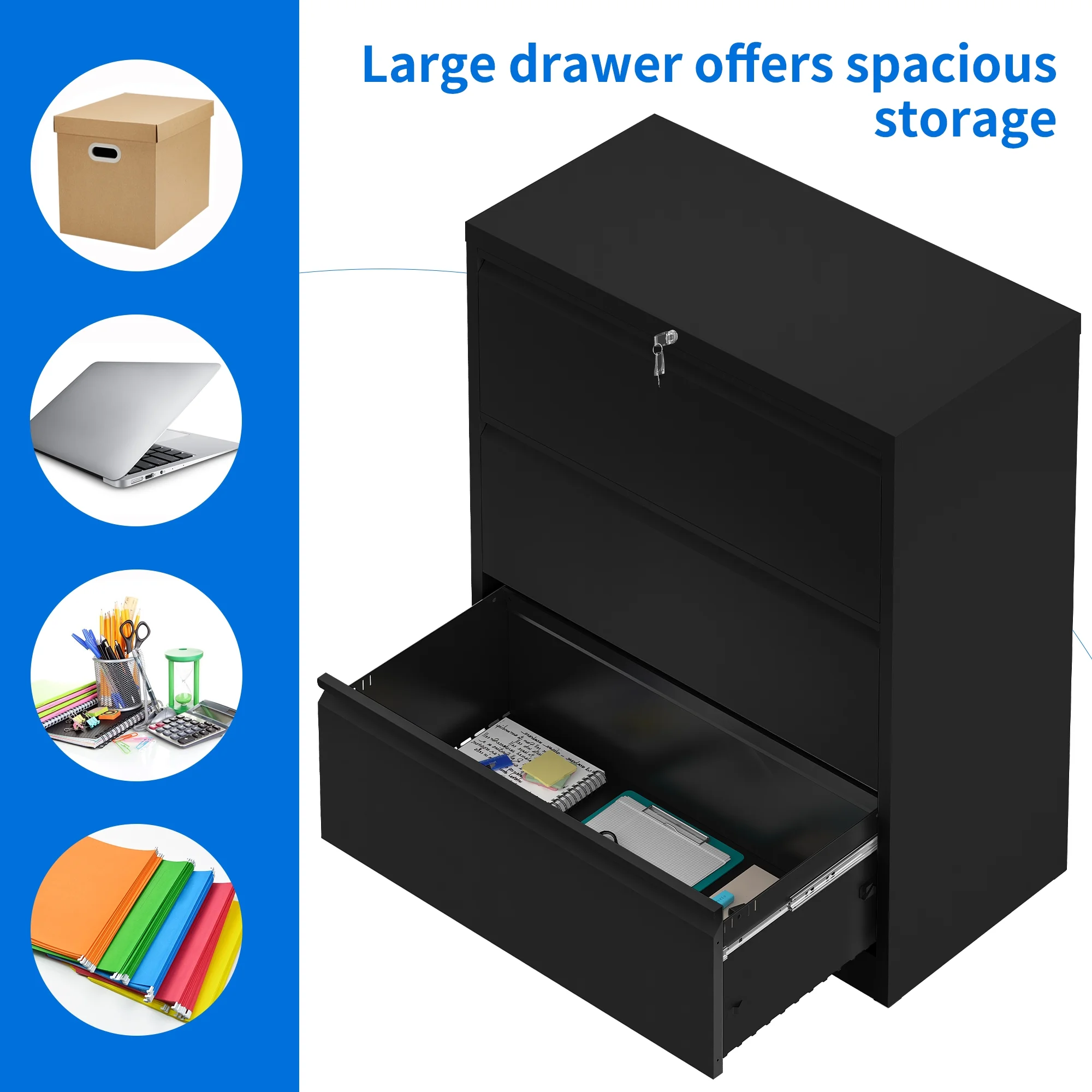 Dextrus 3 Drawer Lateral File Cabinet with Lock, Metal Stainless Steel Wide Lateral Filing Cabinet for Legal/Letter A4 Size, Office Organizer Storage Cabinet, Black