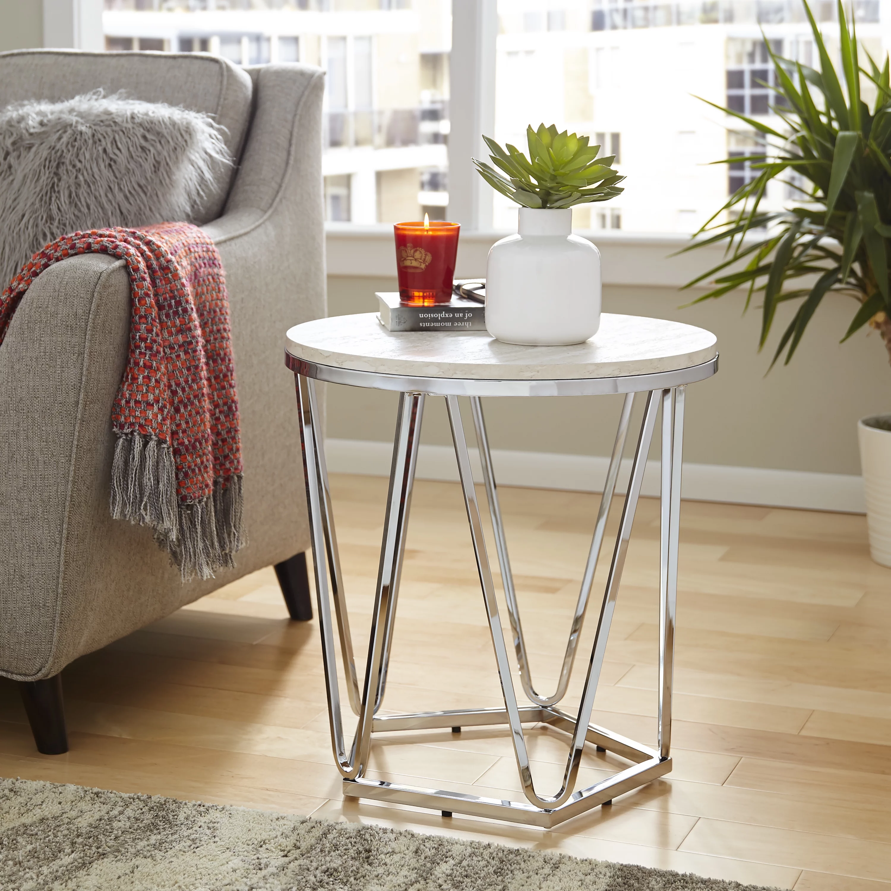 Southern Home Leaci Faux Stone Round Side Table, Chrome