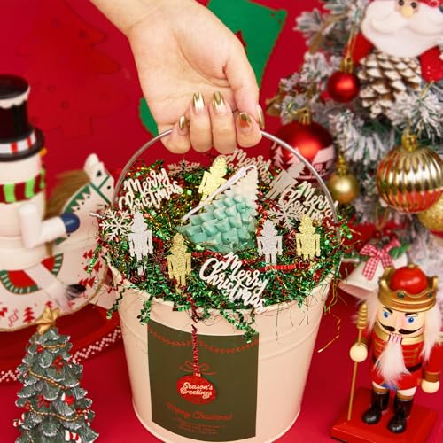 PAPER FAIR 1LB Metallic Red Green Christmas Crinkle Cut Paper Shred Filler w/Tree & Snowflake Confetti, Gift Wrap Packaging Raffia Tissue Strand, Craft Bedding Cushion, Winter Birthday Box Basket