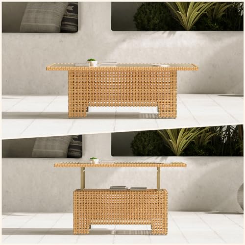 Grand patio Outdoor & Indoor Coffee Dining Table -Wicker Rattan, Adjustable Slat Lift Top, Picnic, Storage Shelf - Beige