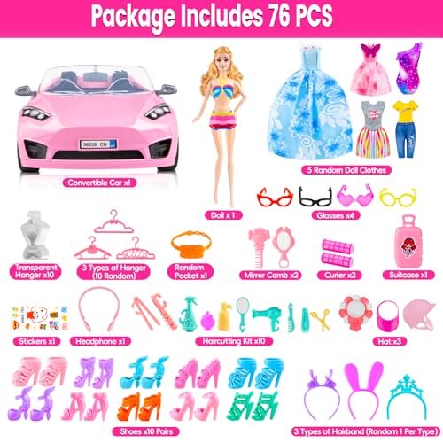 76 Pcs Doll & Convertible Car Playset,Included 11.5 In Doll,Doll Car,Princess Dresses,Fashion Dresses,Casual Clothing,Swimsuits,Bags,Shoes,Doll Playset,Doll Dress up Toys for Girls Kids Toddlers Gifts