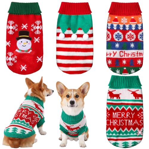 4 Pack Dog Christmas Sweater, Dog Christmas Outfit Holiday Sweater Reindeer Snowman Striped Knitted Clothes for Small Medium Large Doggies Pets(Medium)