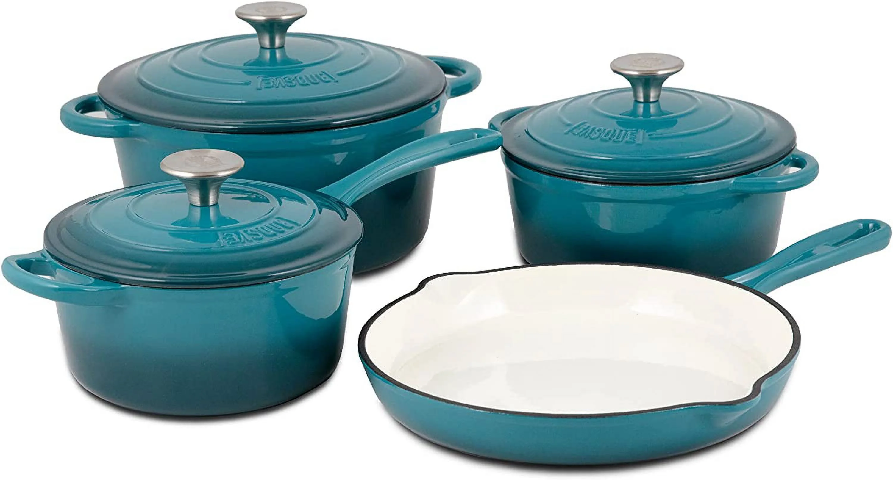 Excellent Basque Enameled Cast Iron Cookware Set  7-Piece Set (Biscay Blue)  Nonstick  Oversized Handles  Oven Safe; Skillet  Saucepan  Small Dutch Oven  Large Dutch Oven  10.25"  2QT