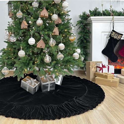 60-Inch Ruffled Velvet Christmas Tree Skirt with Foam Padding, Nylon Backing and Lace-Up Tie Closure, Burgundy