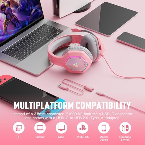 EKSA E1000 Gaming Headset, Computer Headphones with Noise Canceling Mic & RGB Light, 7.1 Surround Sound, Compatible with PC, PS4 PS5 Console, Laptop (Blue)