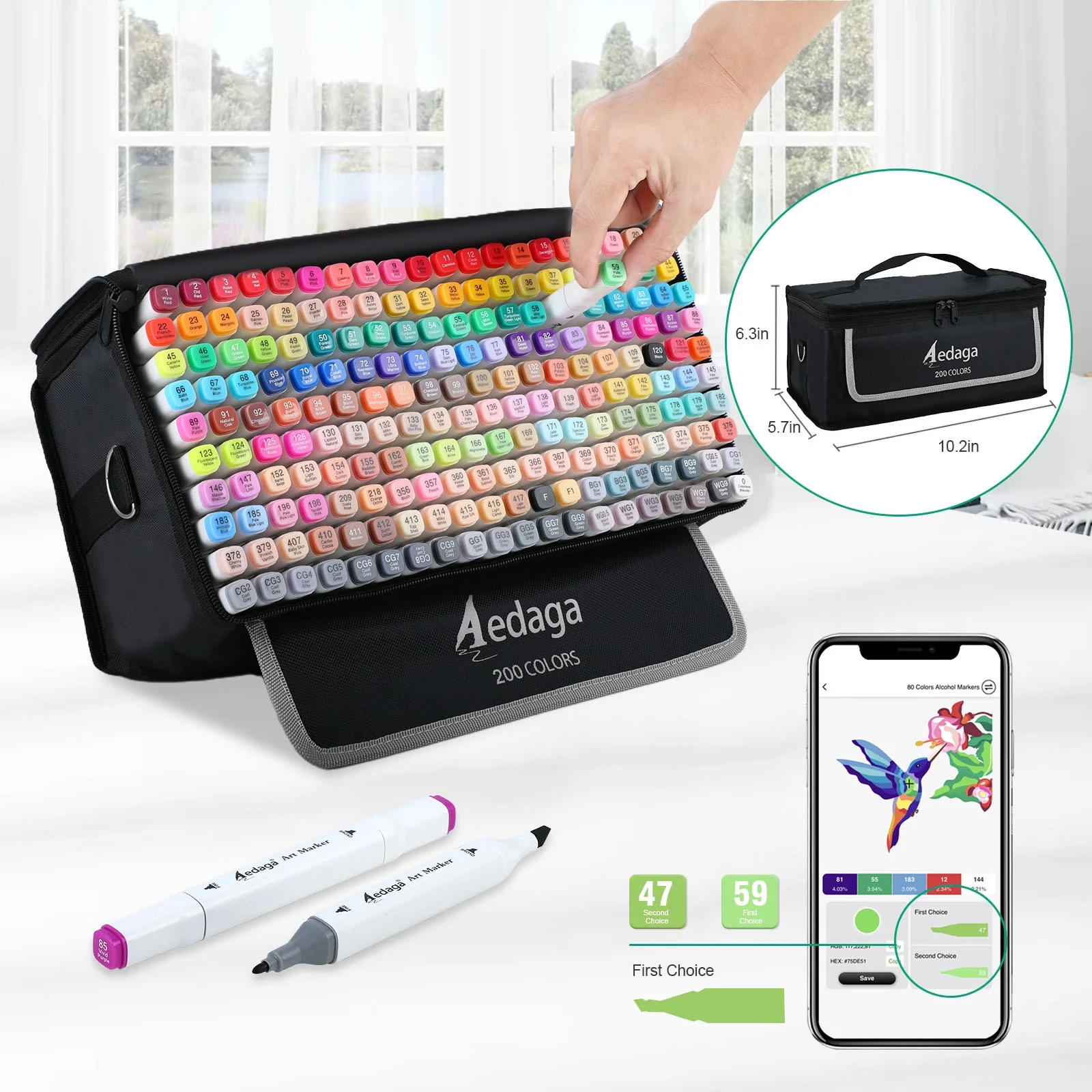 AEDAGA 200 Colors Alcohol Markers with Free App, Dual Tip Art Markers with Kickstand Case for Artists Adults and Kids. Alcohol Based Markers for Coloring Painting Sketching and Drawing, Great Gift. Vi