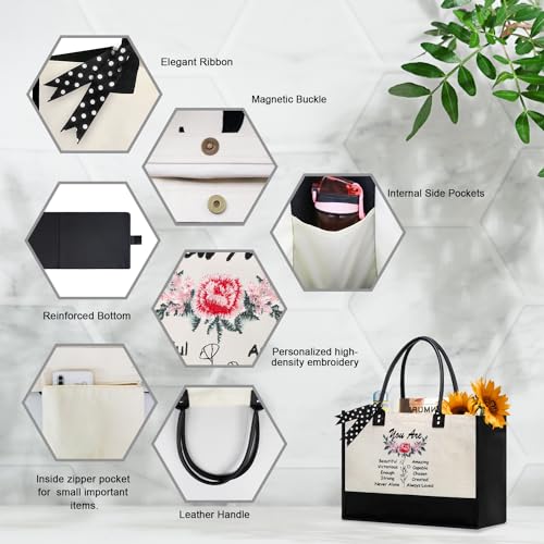 BeeGreen Mother's Day Gifts Personalized Women's Large White and Black Canvas Tote Bag, Embroidered Initials, Leather Handle, Zipper Closure