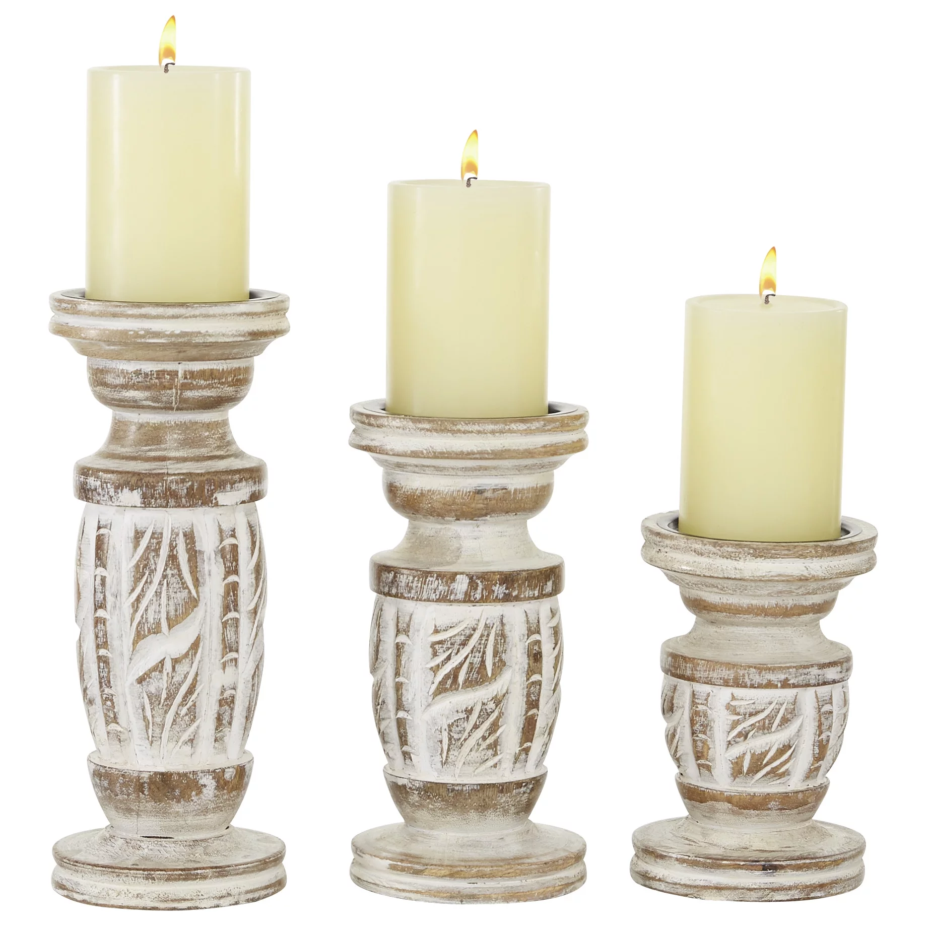DecMode White Wash Wood Country Cottage Candle Holder Set of 3-Pieces, 6