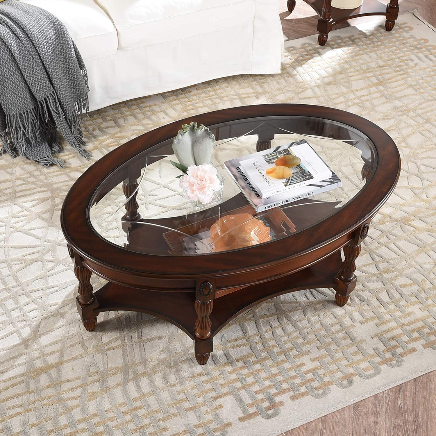 Oval Coffee Tables For Living Room, Solid Wood Coffee Table With Glass Top, Vintage Cocktail Table, 46