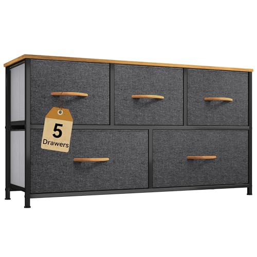 DWVO Dresser TV Stand, Fabric Tower with 5 Drawers, Dresser for Bedroom, Storage Tower, Chest of Drawers for Closet