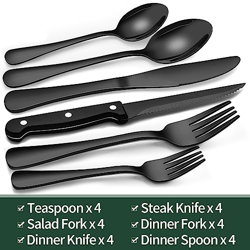 Black Heavy Duty Silverware Set, 24-Piece Stainless Steel Flatware Set with Steak Knives for 4, Food-Grade Tableware Cutlery Set, Utensil Sets for Home Restaurant, Mirror Finish, Dishwasher Safe