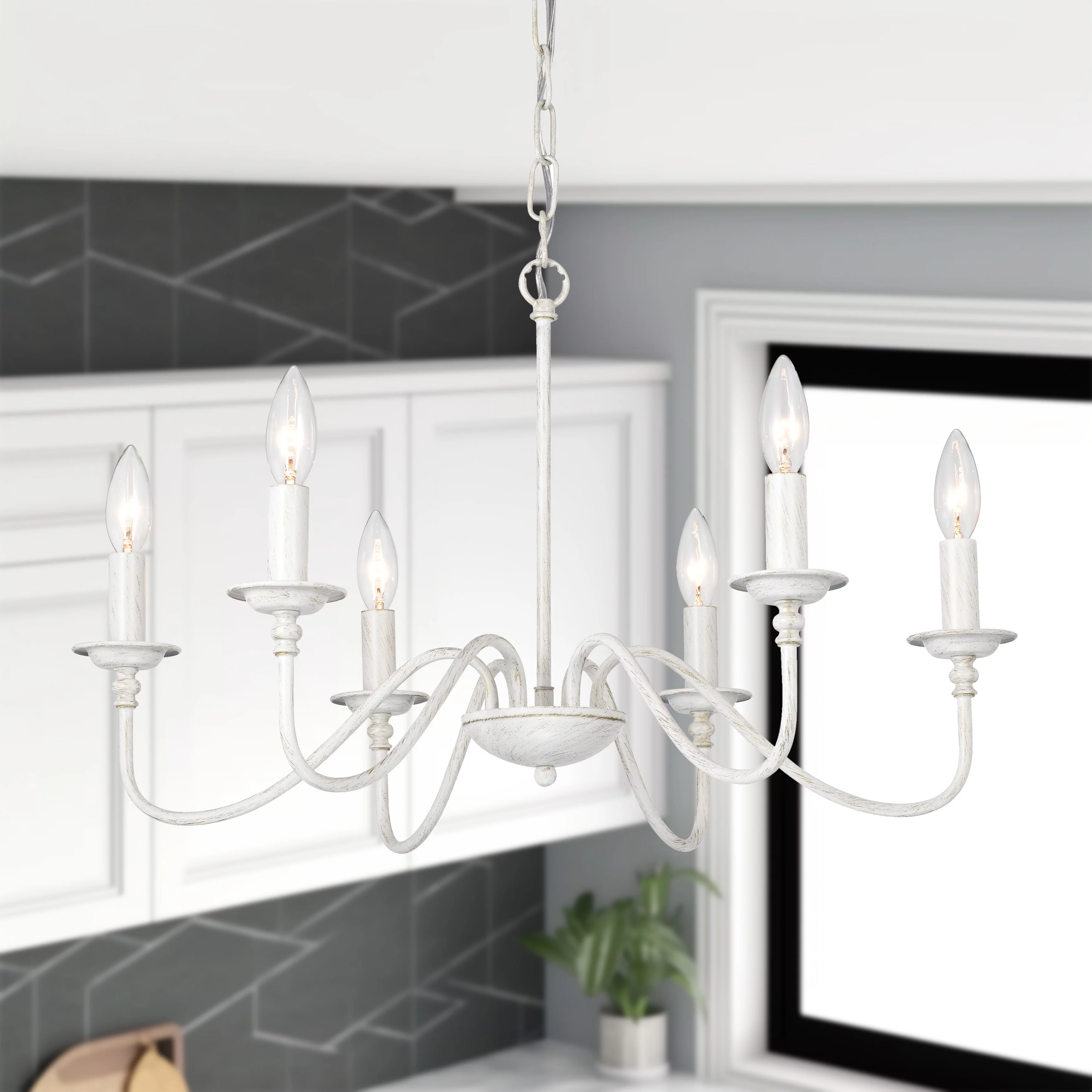 Modern Farmhouse Chandelier Classic Candle Hanging Pendant Ceiling Light Fixtures 6-Light White Chandelier Industrial Iron Chandelier Light Fixture