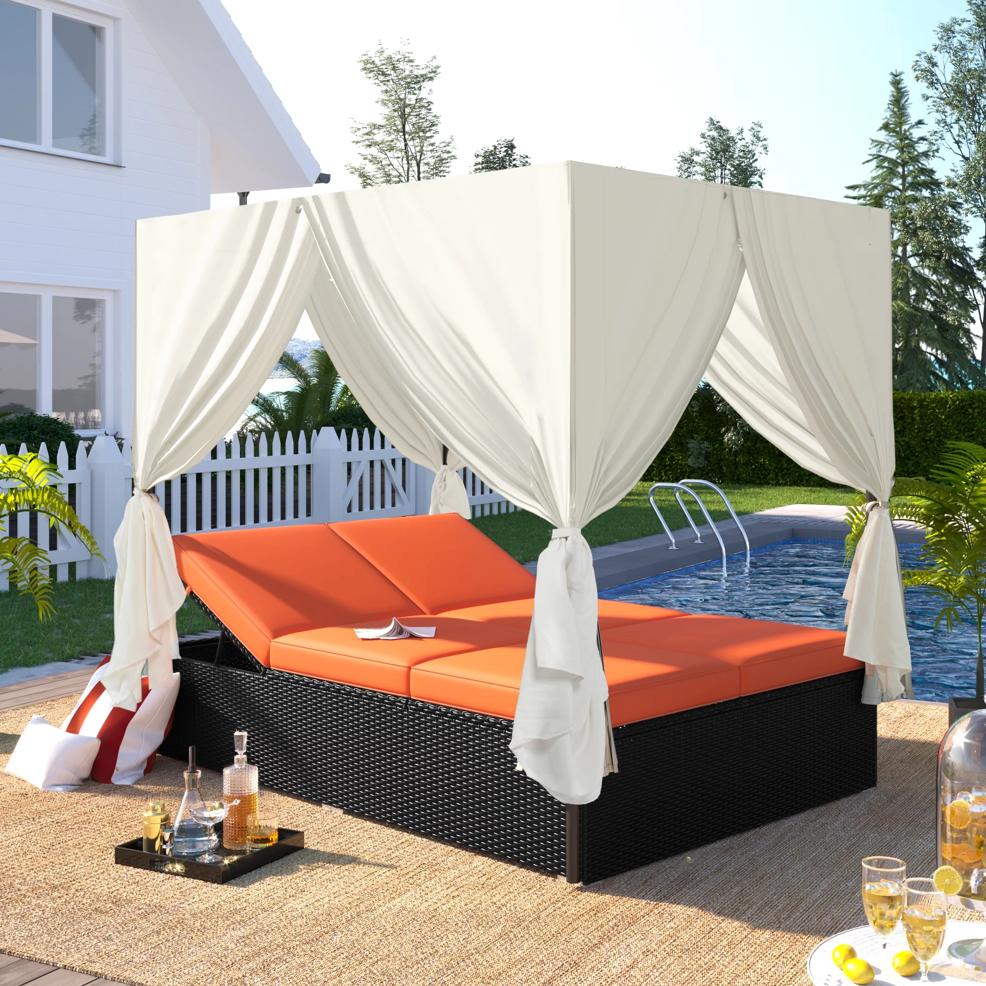 uhomepro Outdoor Patio Wicker Sunbed Daybed with Side and Overhead Curtains, UV-Proof Resin PE Rattan Outdoor Chaise Lounge with Adjustable Seats for Balcony Garden Backyard Poolside, Orange