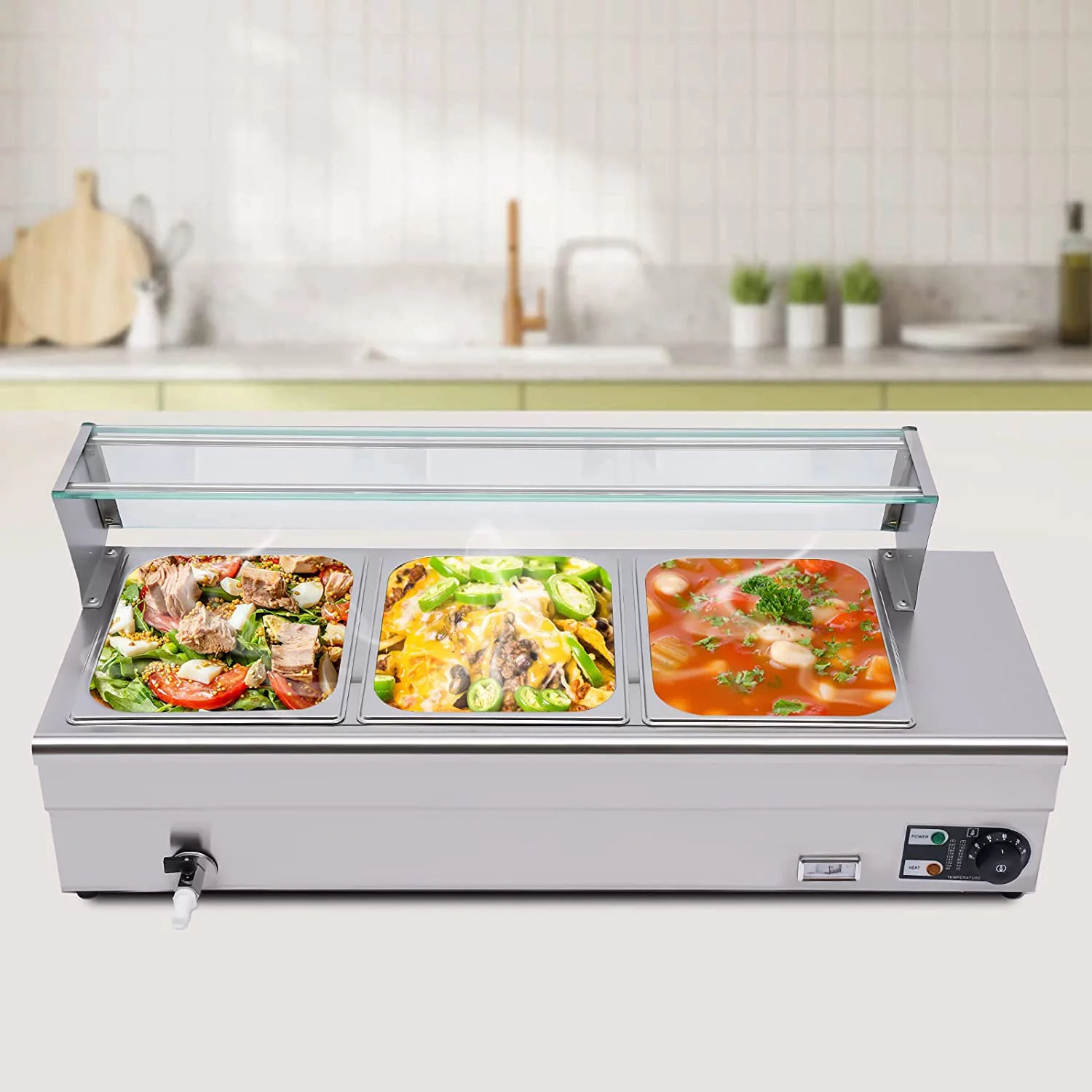Miumaeov 3 Pans 1200W Food Warmer Buffet Wet Heat Catering Restaurant Temperature Control
