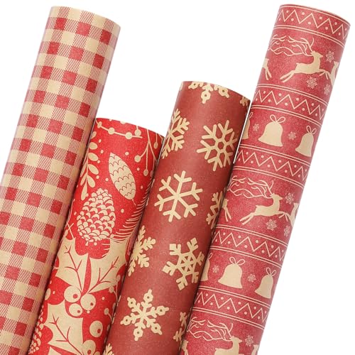 YANGTE Vintage Recyclable Christmas Wrapping Paper Rolls, Brown Kraft Wrapping Paper with Red and Green Pattern, Holiday Gift Wrapping Paper Christmas Rolls, 17x120 inch, 4 Rolls