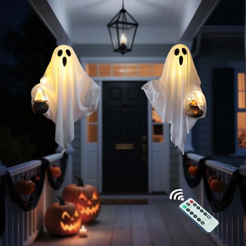 [Timer] 2 Pack Halloween Light Up Ghost Decorations, Battery Operated Flying Hanging Ghosts Glowing Led Lights Remote Control 8 Lighting Modes Floating Swinging Yard Garden Porch Outdoor Indoor Decor