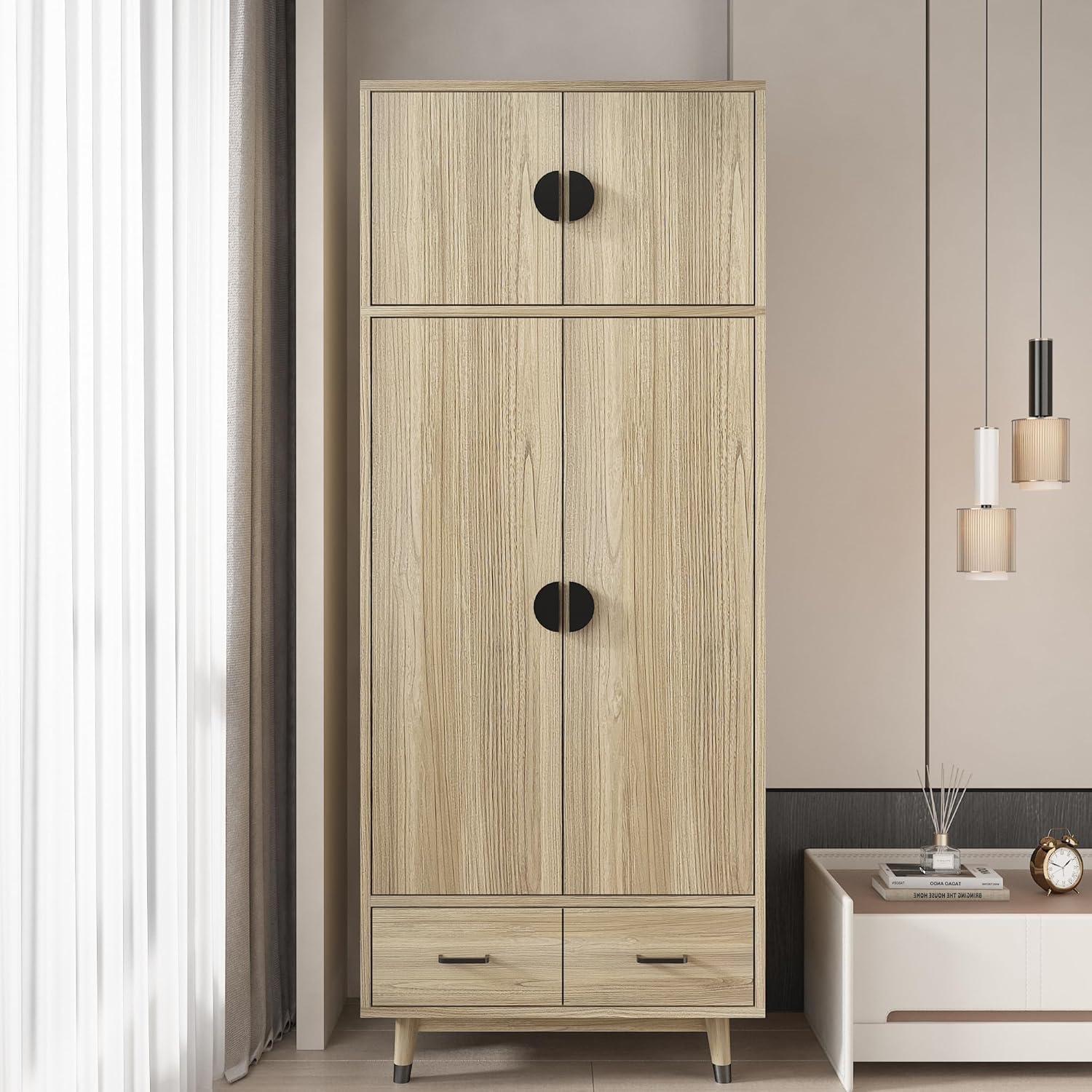 Armoire Wardrobe Closet 2-Door Storage Pantry Cabinet Modern Wood Closet with 2 Drawers, Hanging Rod, Freestanding Pantry Cabinet for Bedroom, Oak