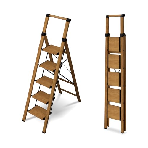 3 Step Ladder,Folding Step Stool with Aluminum Wide Pedal& Convenient Handgrip,330lbs Capacity Steel Ladder for Household and Office(Black &Woodgrain)