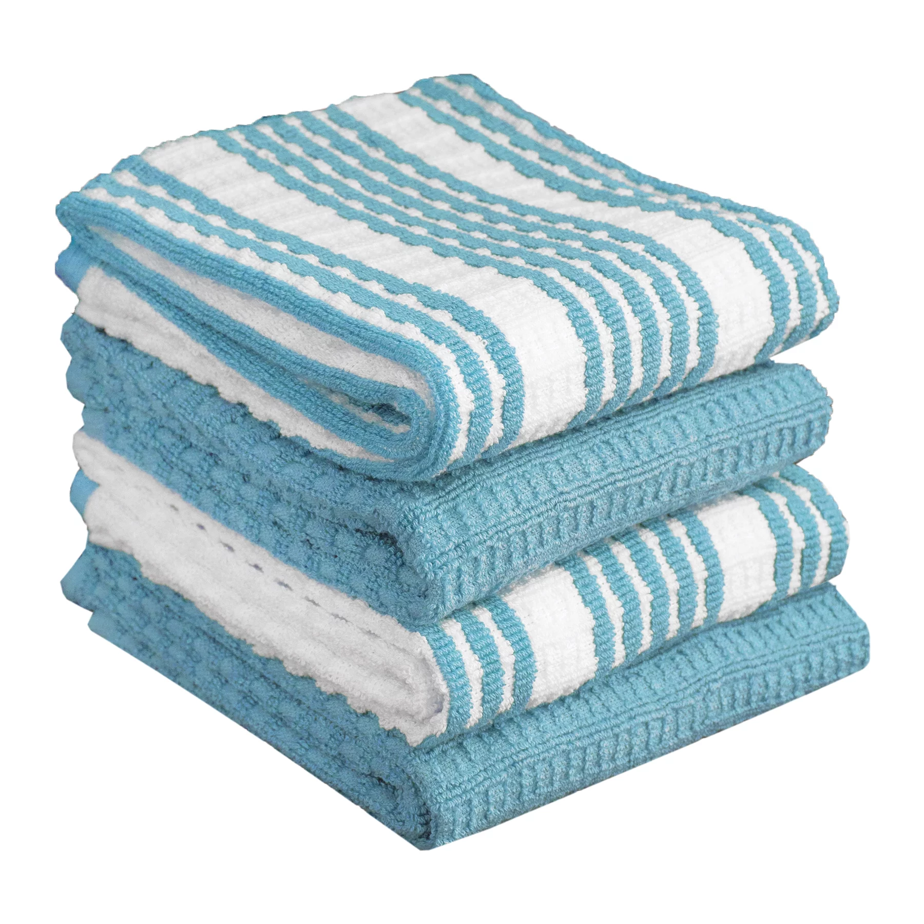 T-FAL Solid and Stripe Waffle Kitchen Towel, 4 Pack, Breeze
