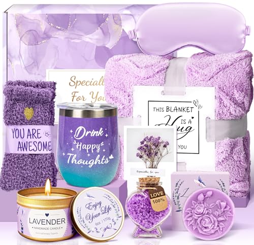 Birthday Gifts for Women Self Care Gifts Get Well Soon Gifts, Lavender Relaxing Spa Gifts Basket Care Package with Luxury Flannel Blanket, Unique Mothers Day Mom Gifts Idea for Mom Sister Wife