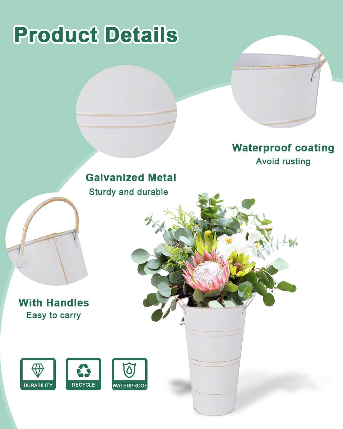 12 Inch Galvanized Metal Vases with Handles - 2 Pcs White and 2 Pcs Silver Farmhouse Decorative Metal Container for Flowers, Rustic Metal Bucket Planters for Wedding Decor