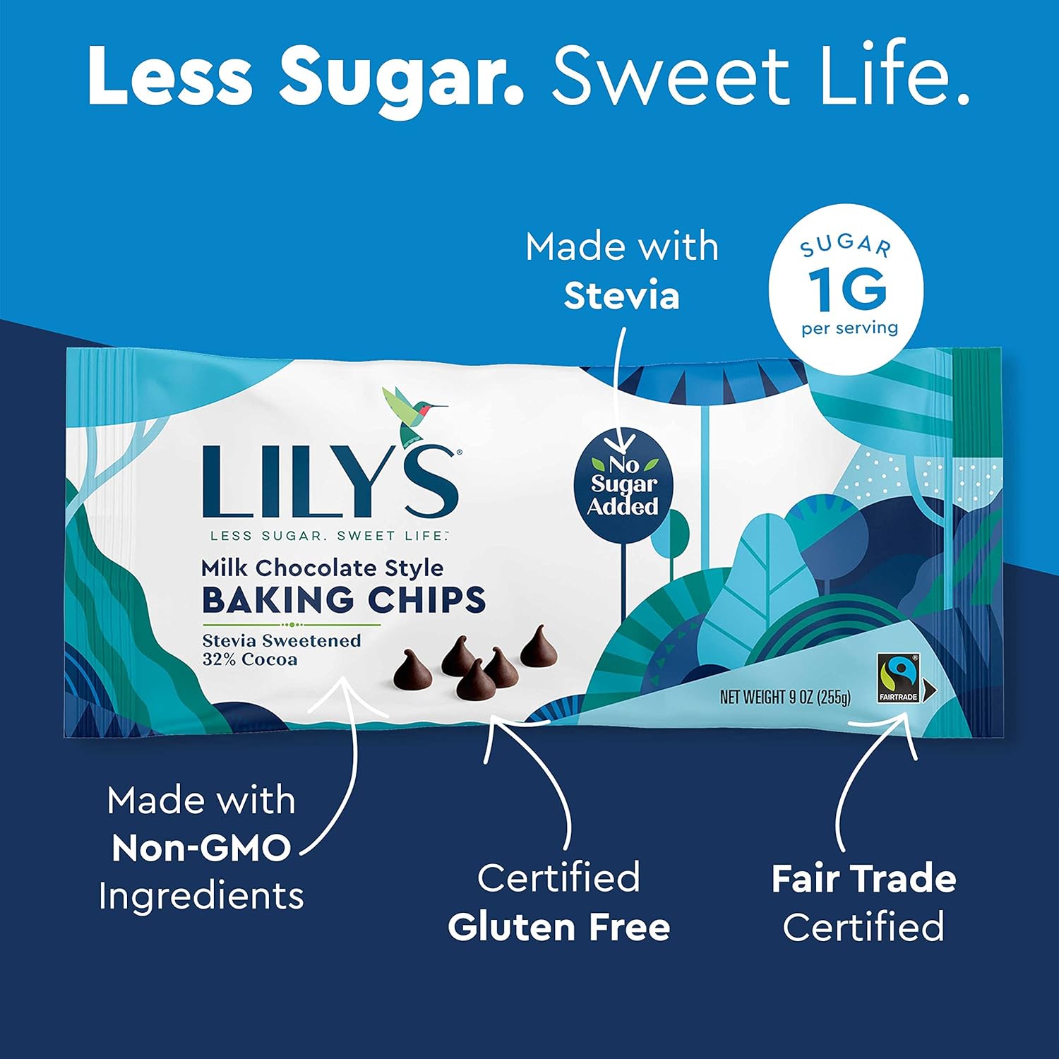 LILY'S Milk Chocolate Style No Sugar Added Baking Chips, Gluten Free, Bulk, 9 oz Bags (3 Pack)