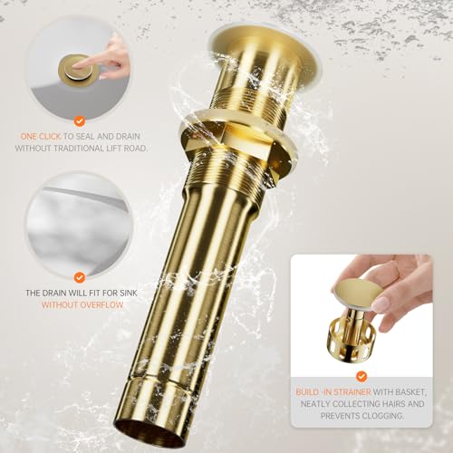 Phiestina Brushed Gold One Hole High Bathroom Vessel Sink Faucet, Single Hole Single Handle Tall Bathroom Faucet, with Pop Up Drain and Water Supply Line,FH01-BG-V