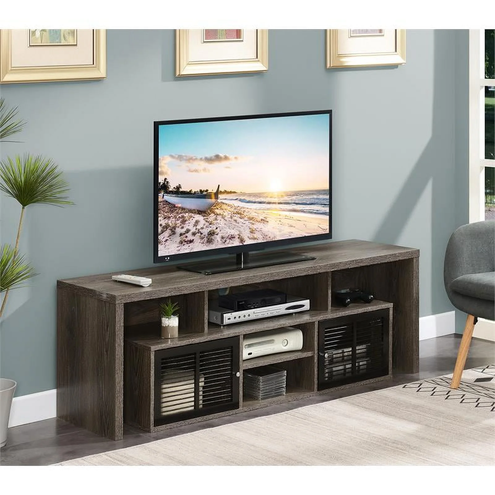 Pemberly Row 60-inch TV Stand w/ Storage Cabinets & Shelves in Gray Wood Finish