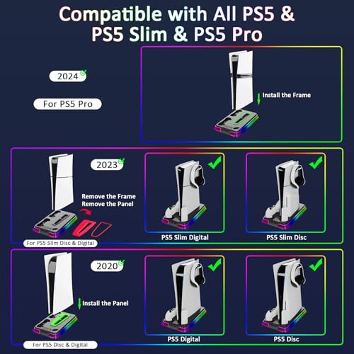 PS5/Slim/Pro Stand and Cooling Station with LED Controller Charging Station for PlayStation 5 Console,Accessories Incl.Controller Charger,PS5 Cooling Fan,Headset Holder,3 USB Hubs (RGB-White)
